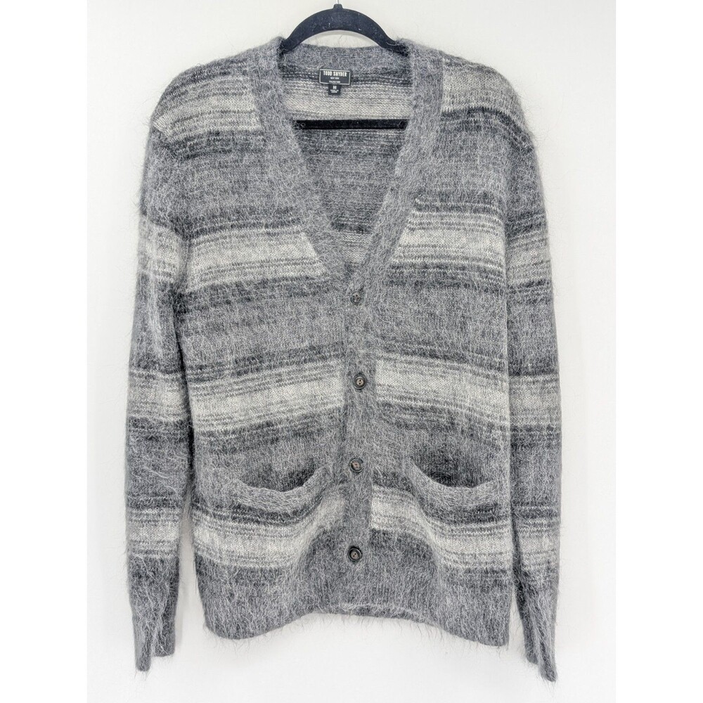 Todd Snyder Charcoal Gray Striped Mohair Wool V-Neck Cardigan Sweater Size Med
